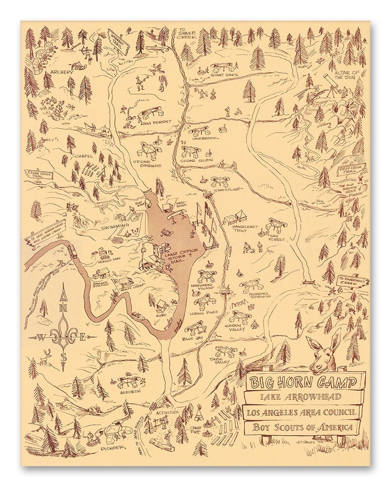 Big Horn Camp Lake Arrowhead 1955 Vintage Scout Camp Illustrated Map Wall Art