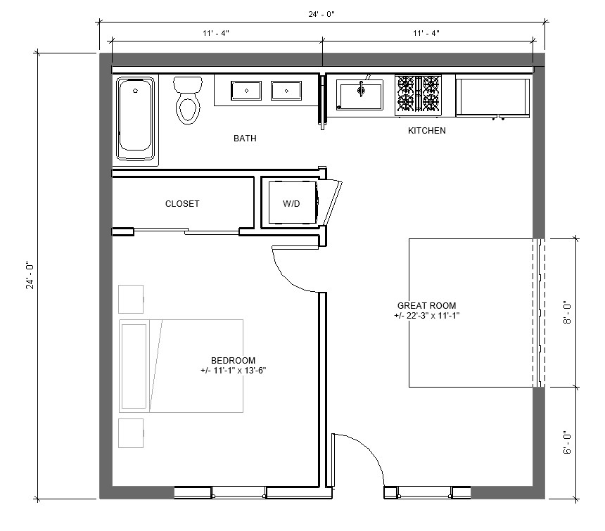 Modern Garage ADU 1 bed 1 bath (24’x24′) 576 SF – Affordable Custom House Plans