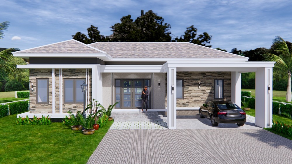 House Plans 14×11 Meter 46×36 Feet 3 Beds 2 Baths Hip Roof (A4 Hard Copy)