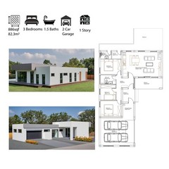 Small Modern 3 Bedroom 1.5 Bathroom House Floor Plan with Flat Roof, 886sqf/82m2