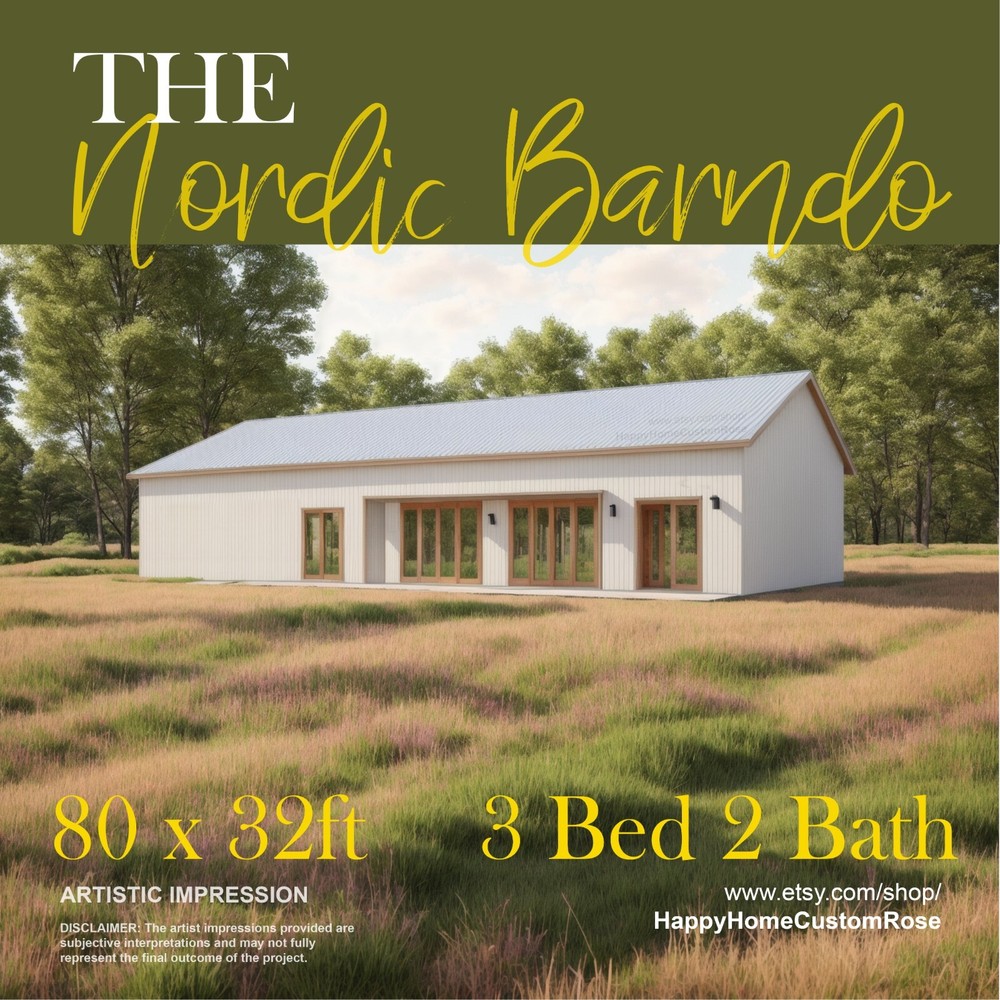 Nordic Barndominium Modern House Open Plan Design 80 x 32 – 3 Bed 2 Bath Drawing