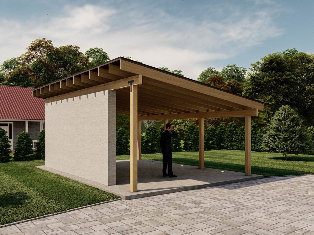 16×24 Lean to Pavilion Plans with Concrete Wall, Modern Carport Blueprints