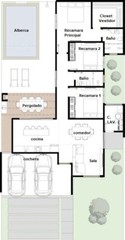 DISEÑO MODERNO DE PLANO DE CASA DE 1 NIVEL 10 x 19 mts DE 3 RECAMARAS
