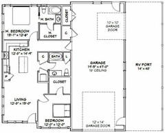 46×48 House – 2 Bedroom 2 Bath 1 RV – 1,157 sqft – PDF Floor Plan – Model 2