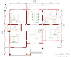 House Plan Drawing 12×11 Meter 39×36 Feet 3 Bedrooms PDF Plan (A4 Hard Copy)