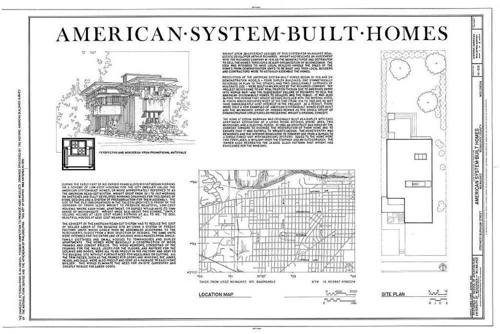 Frank Lloyd Wright, Prairie School, house plans, narrow lot, PRINTED