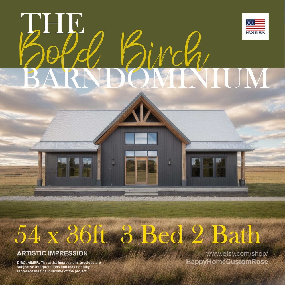 Bold Birch Barndominium Modern House Open Plan Design 54 x 36 – 3 Bed 2 Bath – D