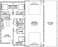 46×48 House – 3 Bedroom 2 Bath 1 RV – 1,157 sqft – PDF Floor Plan – Model 3A