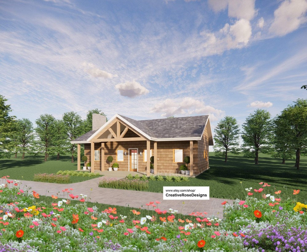 American Cottage House Plan 40×26 – 3 Bed 1040 SF – Custom Home Blueprints