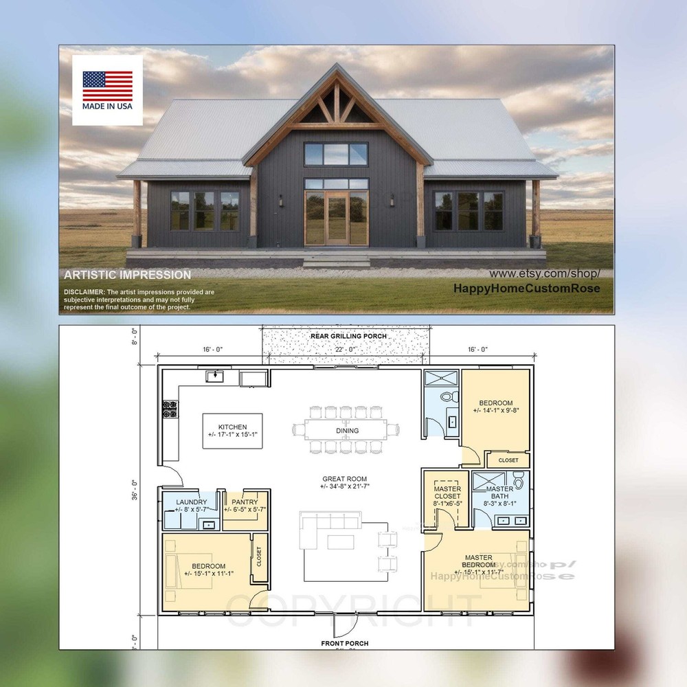 Bold Birch Barndominium Modern House Open Plan Design 54 x 36 – 3 Bed 2 Bath – D