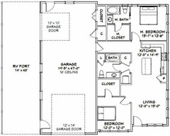 46×48 House – 2 Bedroom 2 Bath 1 RV – 1,157 sqft – PDF Floor Plan – Model 2A