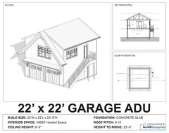 22′ X 22′ ADU 2 Car Garage with Loft Architectural Plans – PDF Download