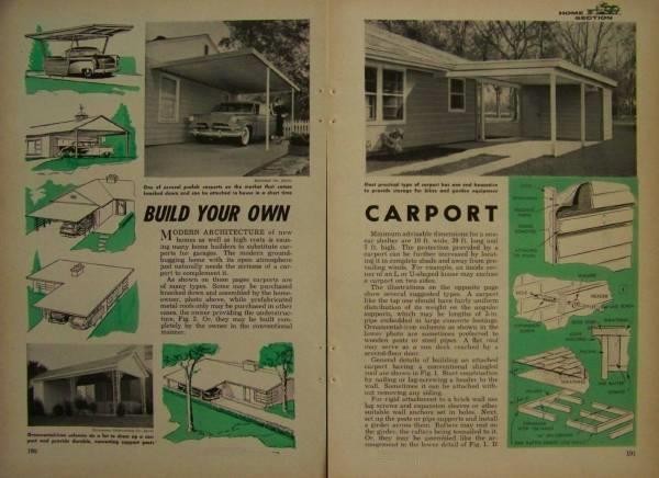 Freestanding CARPORT 10’x20′ 1955 How-To build PLANS & DESIGN