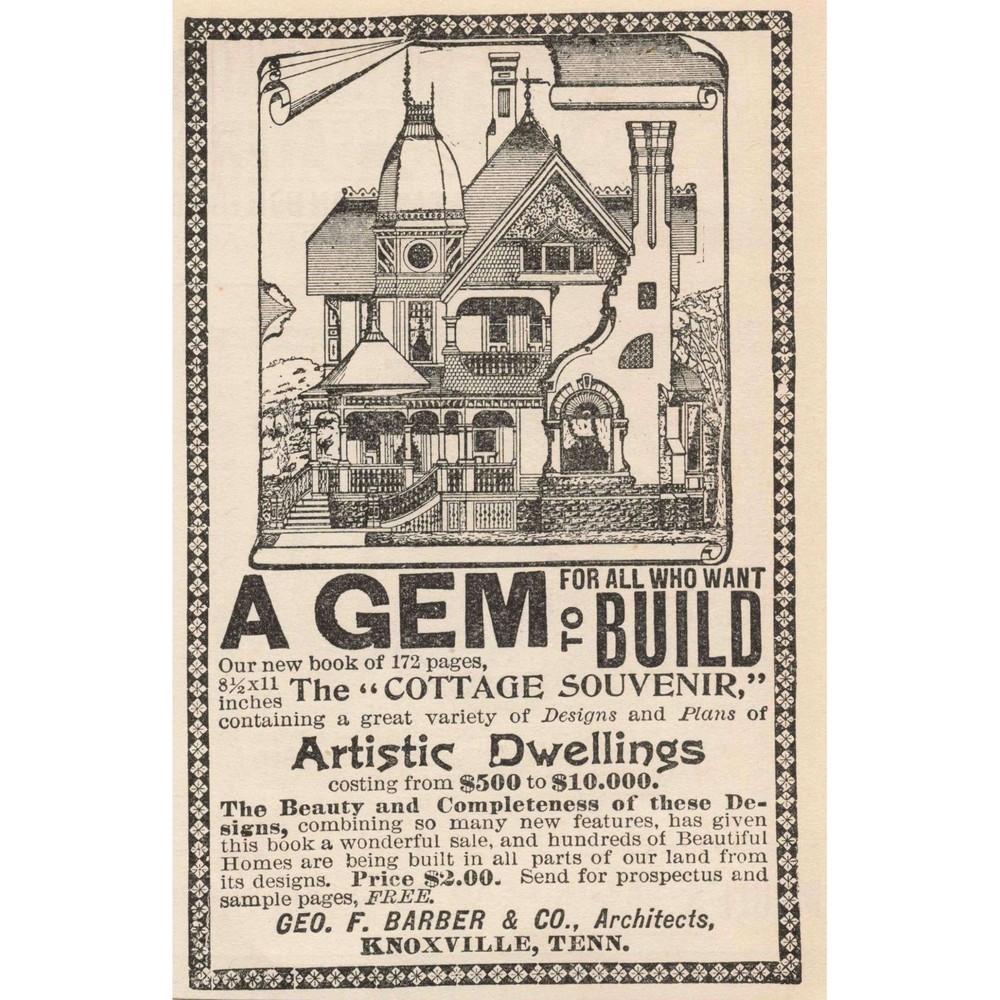 VTG 1892 Print Ad for Architects Book Artistic Dwellings Cottage Souvenir