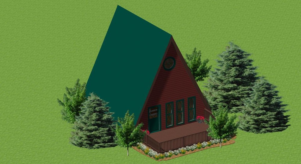 A-Frame Cabin Construction Plans 800 square feet, open kitchen living area.