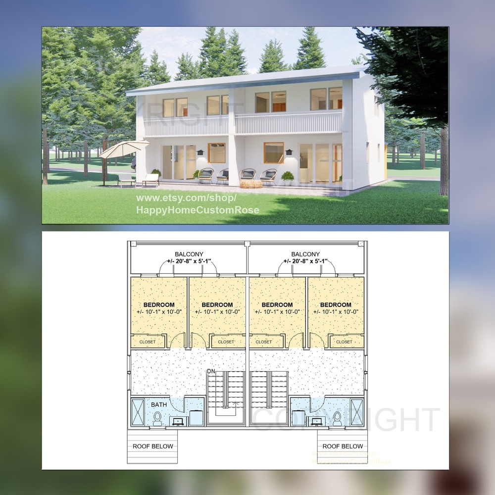 Two level duplex Investment Plan – 2 Bed 1 bath – 1200 SF – Drawings Blueprint