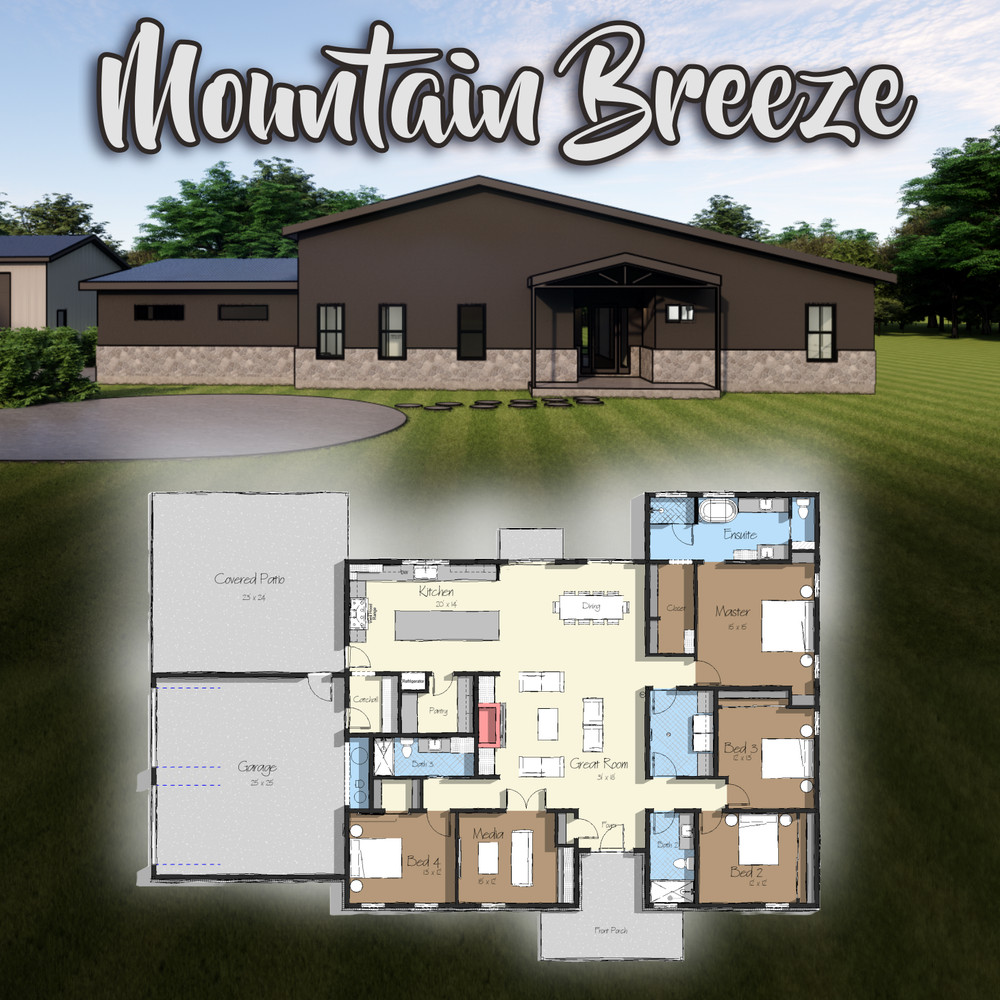 Mountain Breeze Barndominium – 4 Bedrooms / 3 Baths 2,784 SF Design Blueprints