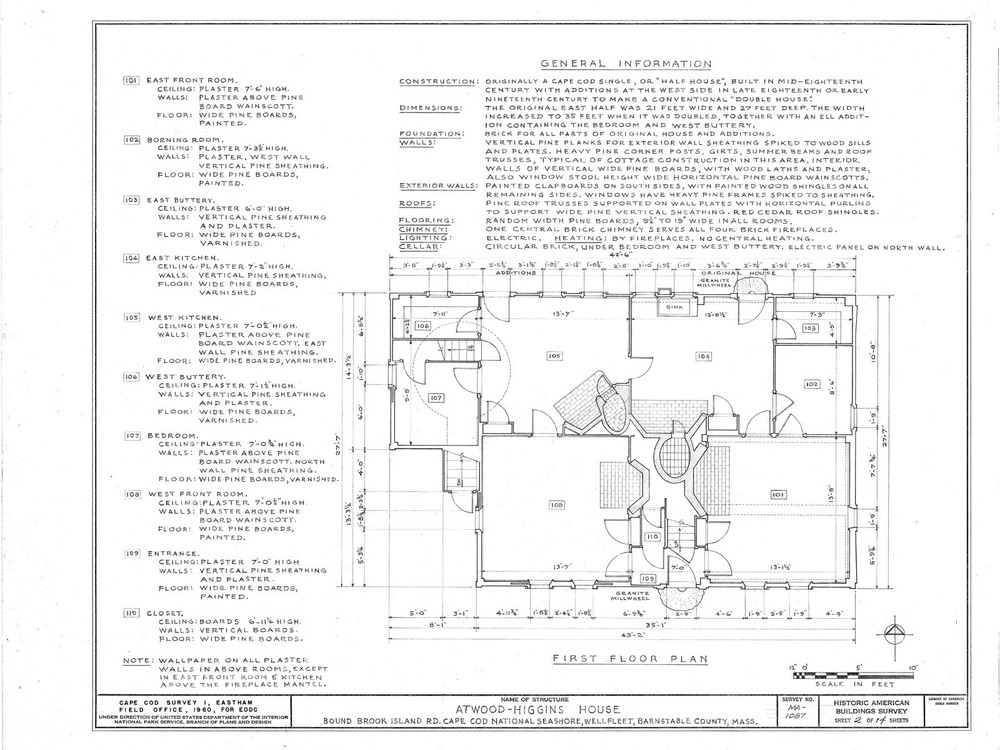 Cape Cod colonial house, 3 bedroom floor plan, architectural drawings & details