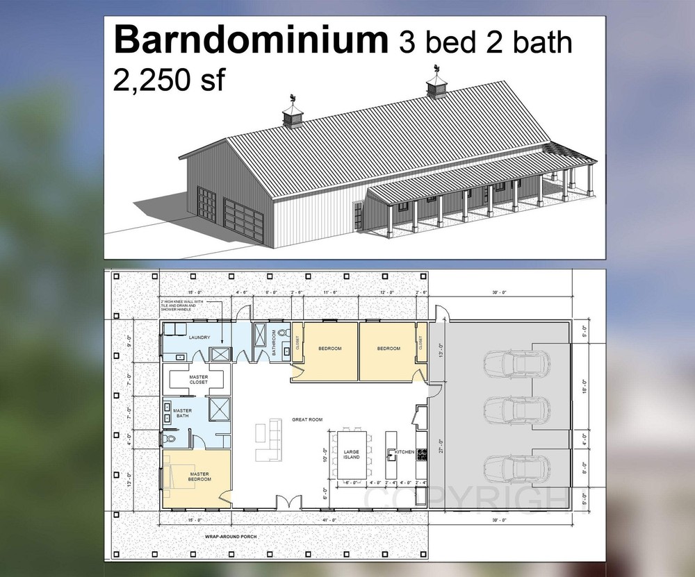 Redwood Barndominium House Plan Design – 3 Bed 2 Bath 2250 sq ft – Three Garage
