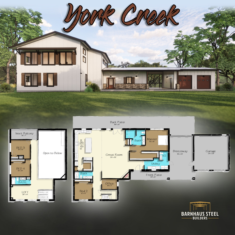 York Creek Barndominium Plan: – 4 Bedrooms / 3. Baths 3,395 SF Design Blueprints