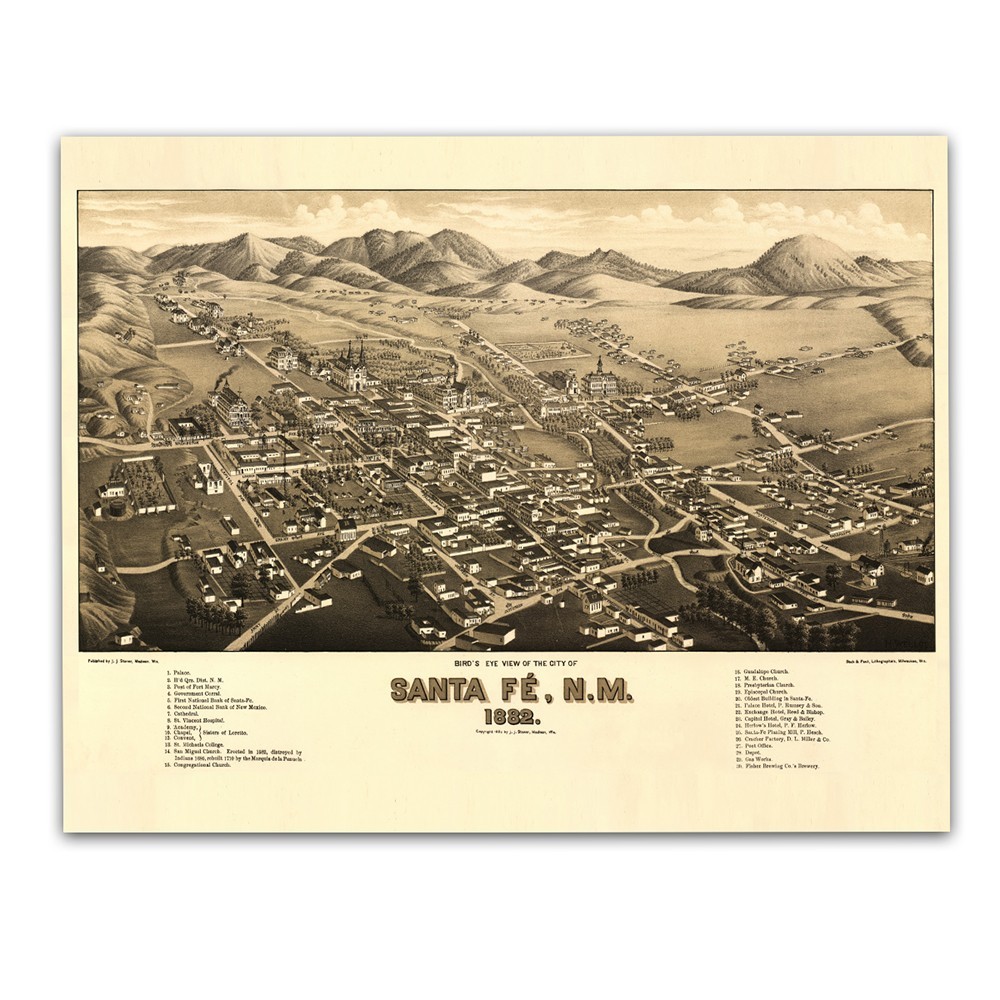 Santa Fe New Mexico 1882 Bird’s Eye View Historic City Map Vintage Wall Art
