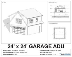 24′ x 24′ Two Car ADU Garage Loft Architectural Plans – PDF Download