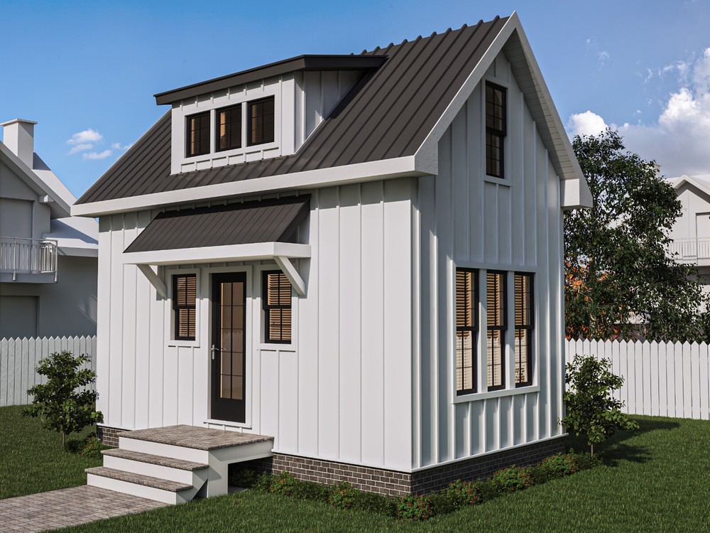 Tiny House Plan with loft – Farmhouse Style – 1 BR, 387 sf. Living Space.