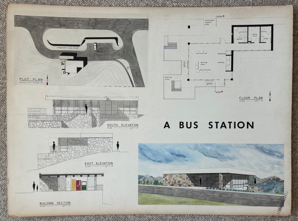 Vintage 1970s Bus Station Building Architectural Rendering Plans Blue Prints