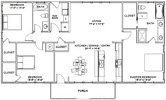 60×30 House — 3 bedroom 2 Bath — 1,800 sqft — PDF Floor Plan — Model 3D