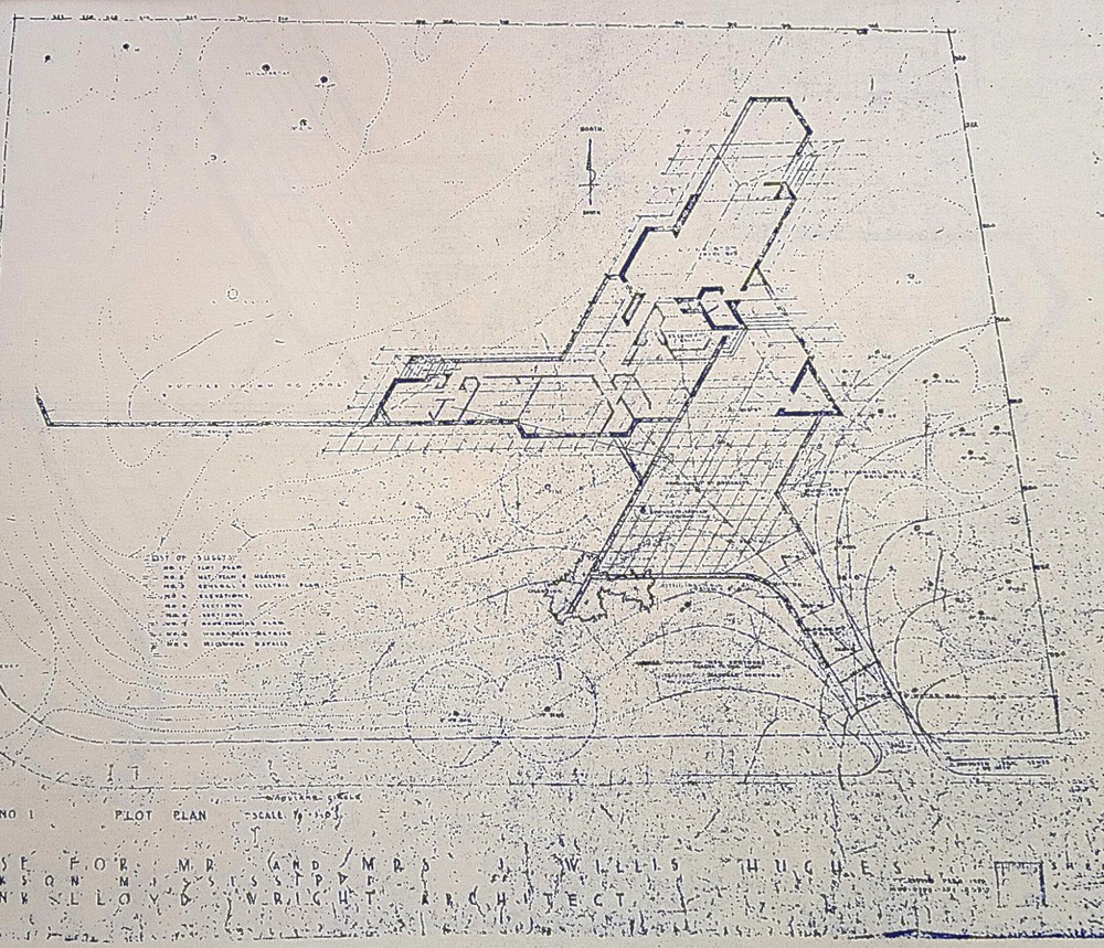 FRANK LLOYD WRIGHT: BLUELINE BUILDING PLANS FOR THE J. WILLIS HUGES RESIDENCE.