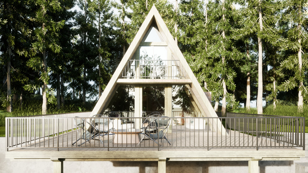 A-Frame 37’x22’ Cabin House Plan 3D images DWG CAD File & PDF For Blueprint