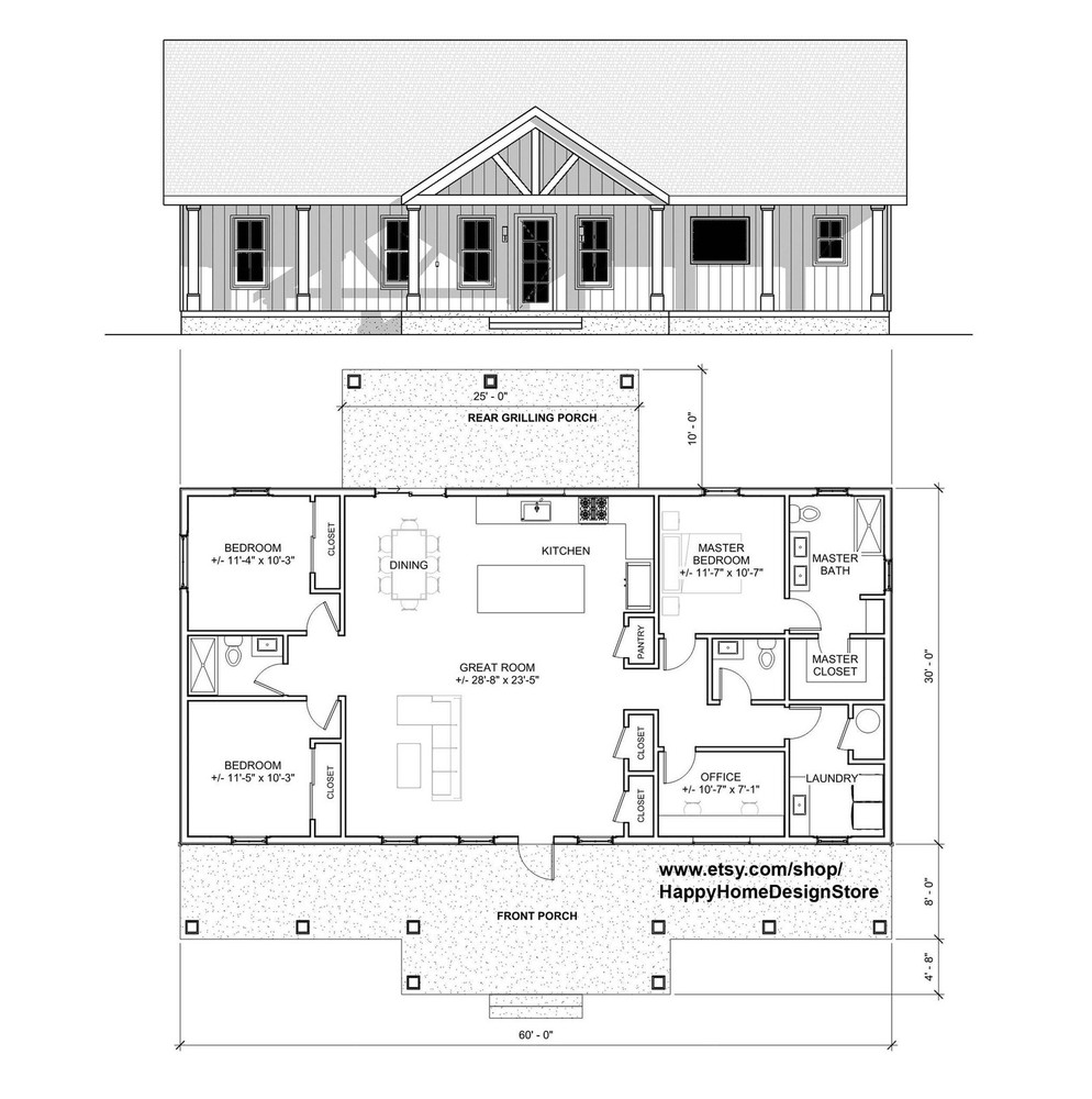 Homestead 3 bed 2.5 bath (60’x30′) 1800 SF Custom House Plans and Blueprints