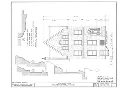 narrow lot Romanesque style home, architectural drawings, stone details