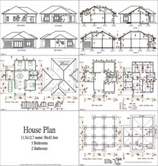 38×42 Feet House Plans 11.5×12.7 Meter 3 Bed 2 Bath Hip Roof PDF (A4 Hard Copy)