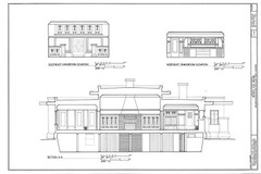 Prairie Style single story home, broad overhangs, leaded glass, printed plans