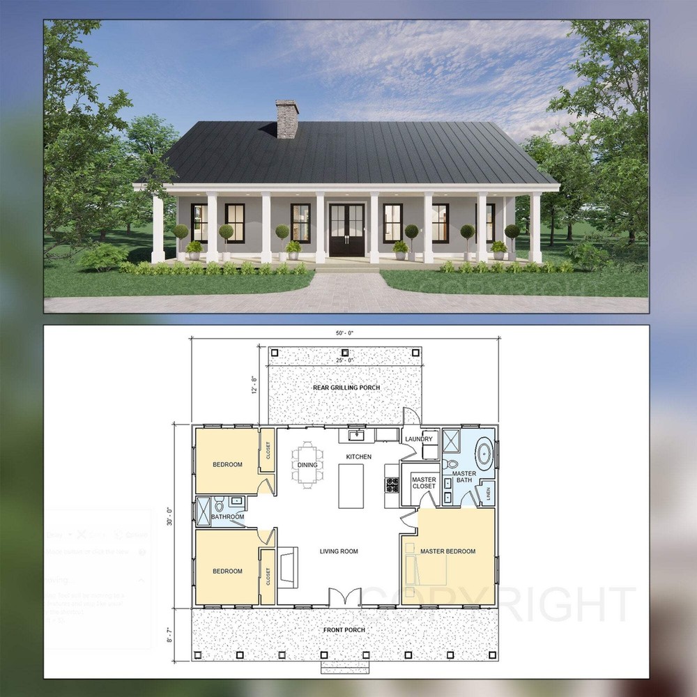Cedar Ridge Custom House Design – Modern Ranch Farmhouse 1500 Square Feet – Draw