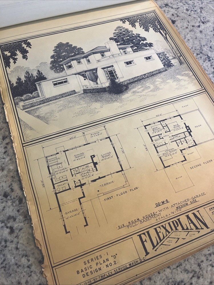 Vintage 1948 MCM Contemporary Home Blueprint Triflex Service Washington DC Plan