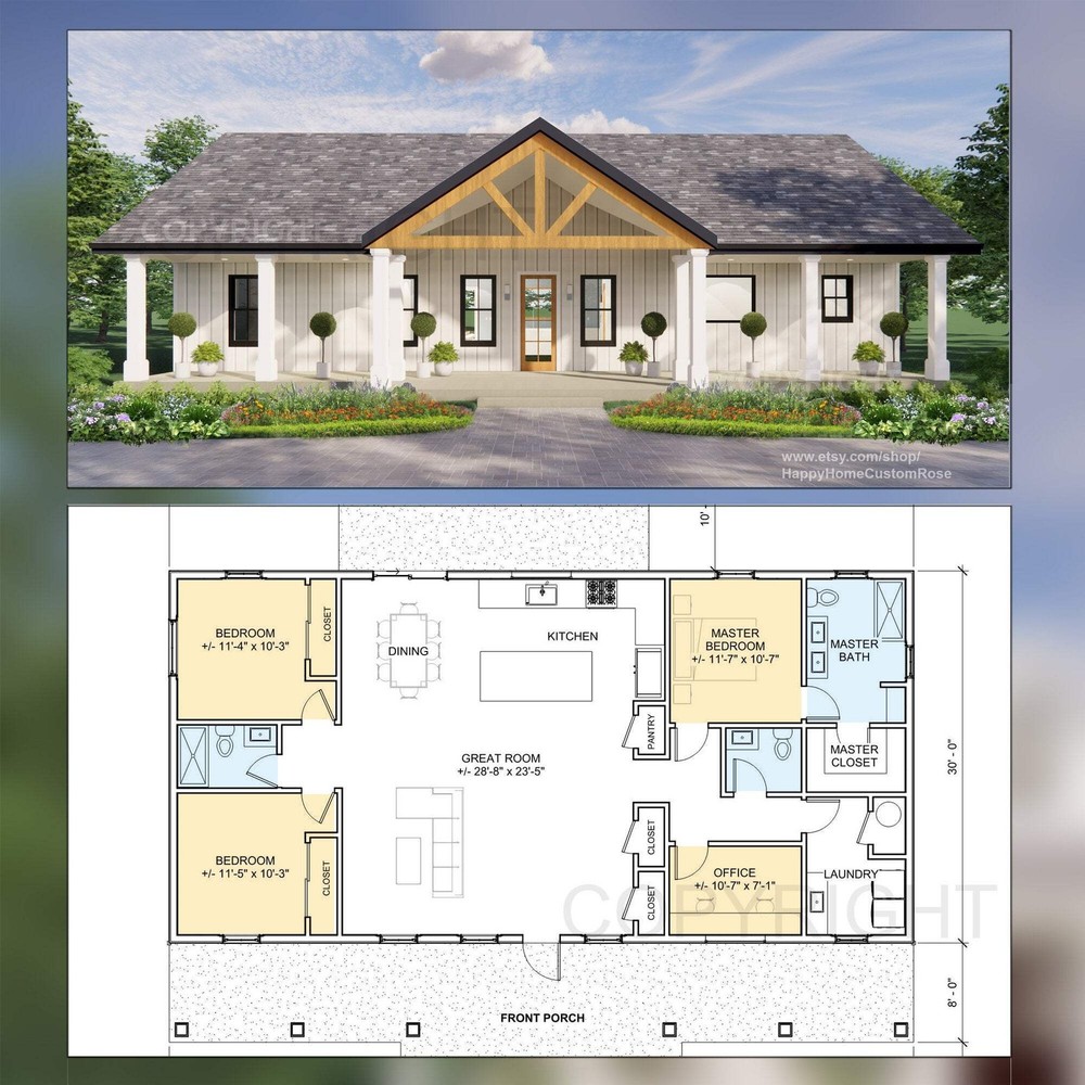 Harvest Farmstead Modern House Open Plan Design 60 x 30 – 3 Bed 2.5 Bath – Drawi
