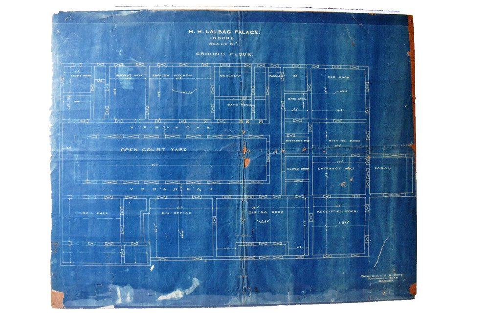 Antique Lal Bagh Palace Indore Architectural Plan & Lay-Out Of Ground Floor 1926
