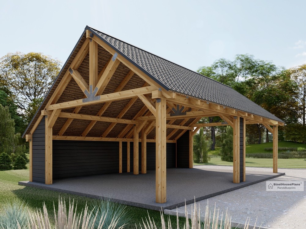 Timber Frame Carports Plan, 34’x22′ Wood Pavilion Blueprints