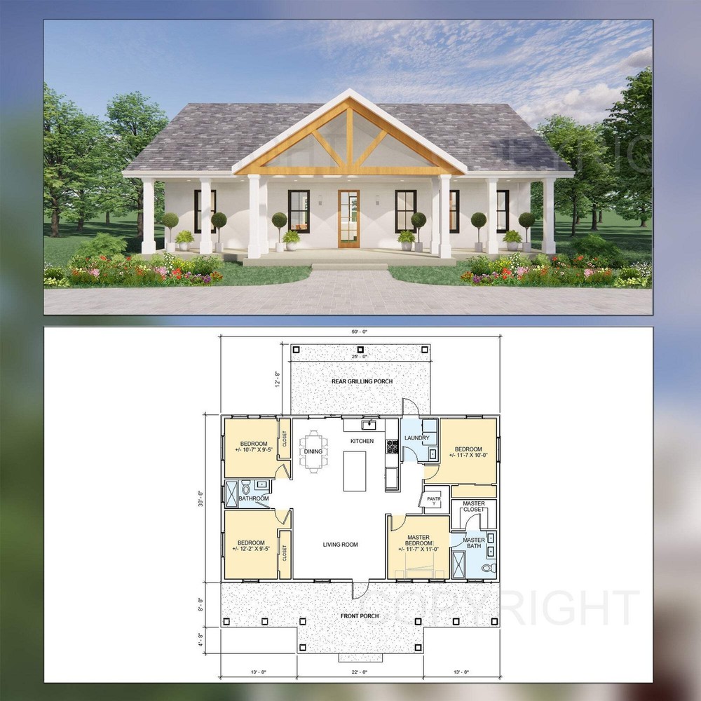 Redwood Terrace Custom House Plans and Blueprints – Spacious 4 Bed 2 Bath – 50’x