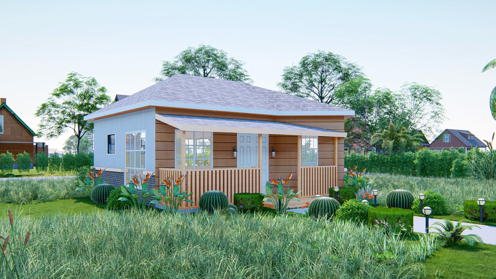 522 Sq Ft 2-Bedroom Tiny Home Design Plans with Porch, Kitchen & Shared Washroom