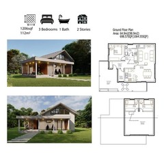 3-Bedroom House Floor Plans with 3D renders-1206SQF/112m2 Single bathroom