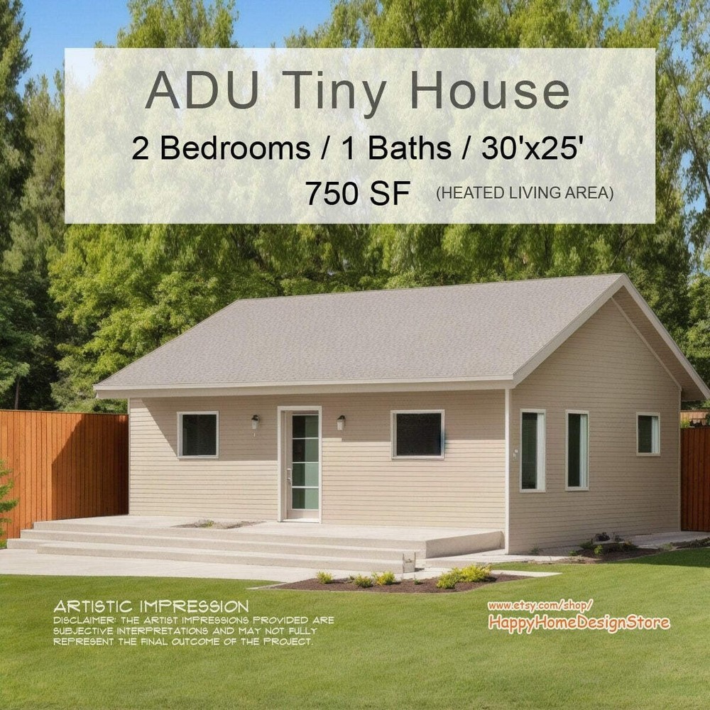 ADU Tiny House Cabin 2 bed 1 bath (30’x25′) 750SF Custom House Plans and Bluepri