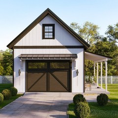 One Car Garage Plans with Loft & Covered Porch/Workshop Shed Blueprints