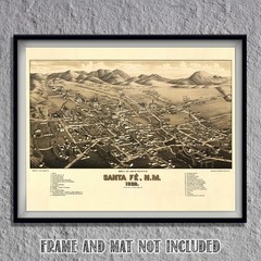 Santa Fe New Mexico 1882 Bird’s Eye View Historic City Map Vintage Wall Art