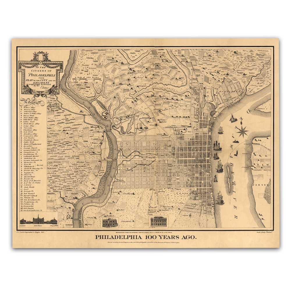 Philadelphia 100 Years Ago 1875 Vintage City Map Historical Wall Art Print