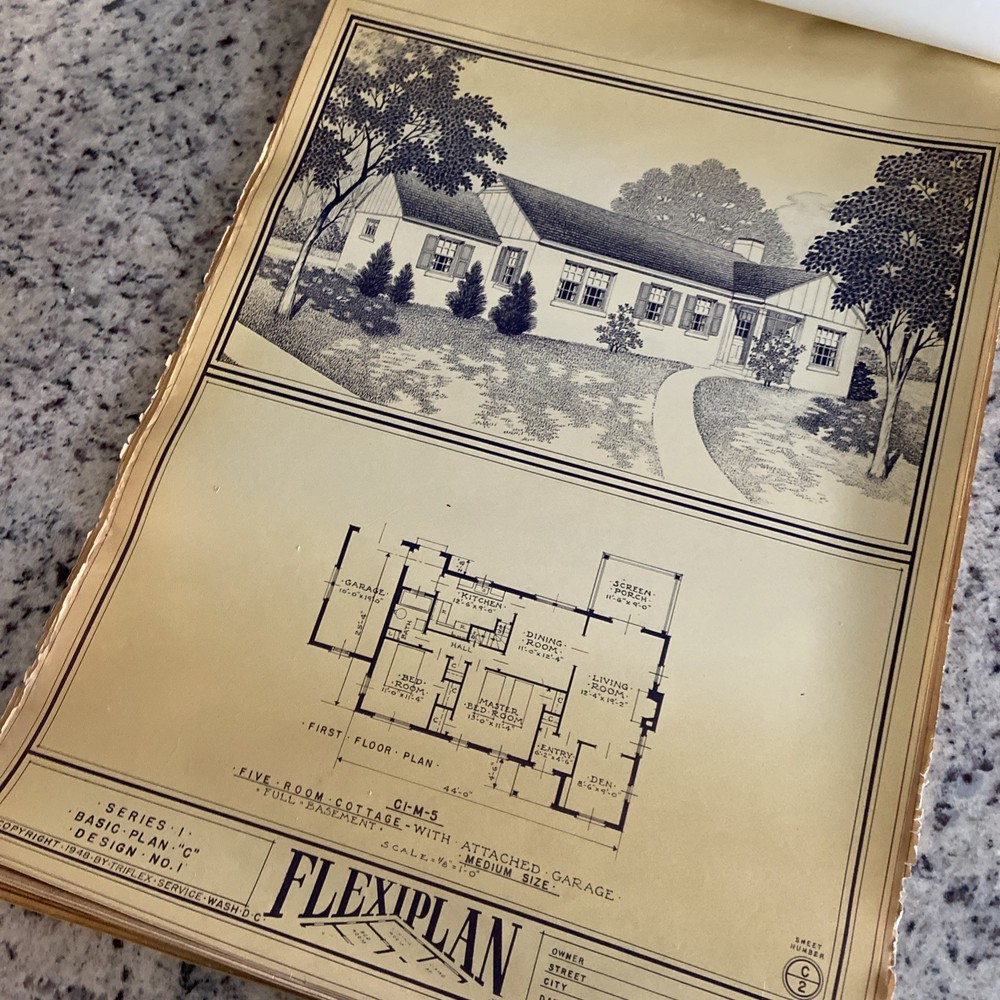 Vintage 1948 MCM Bungalow Ranch HomePlan Blueprint Triflex Service Washington DC