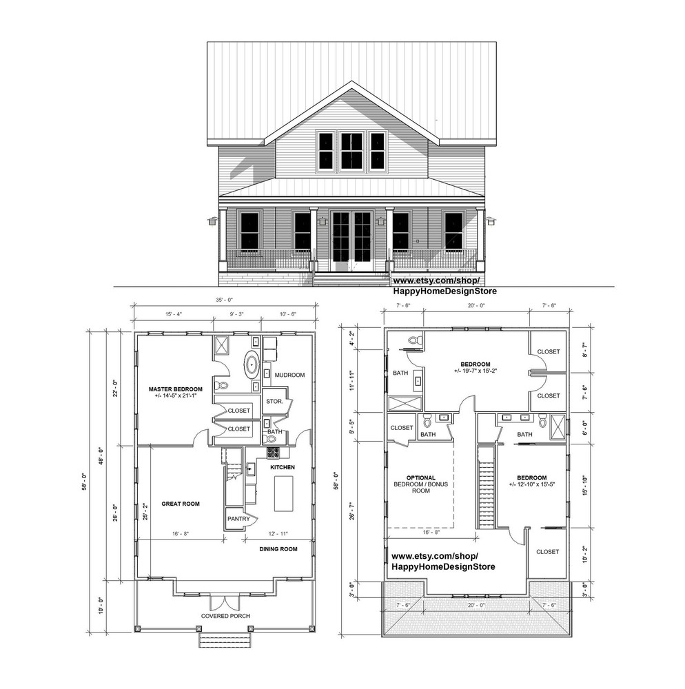 Two Story Farmhouse Plan 4 bed 4 bath (58×35′) Custom House Plans and Blueprints