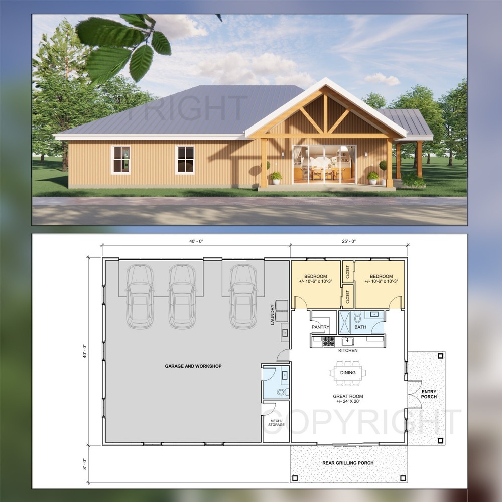 Homestead Barndominium House Plan Design – 2 Bed 1.5 Bath – 3 Garage – Blueprint